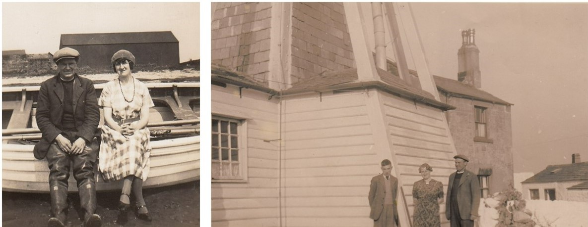 Two photos of the Parkinson Family: in the first, Thomas and Beatrice Parkinson are sitting on the gunwale of a rowing boat. Thomas is wearing dark working clothes and wellington boots, while Beatrice is wearing a checkered dress, heeled shoes and a necklace. The second photo shows the couple when they are older, standing beside their adult son Bob in front of Cockersands Lighthouse.